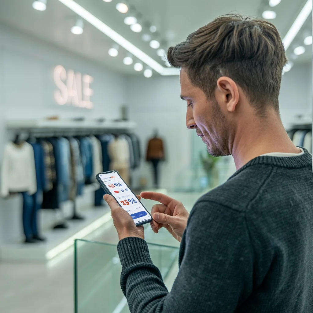 Mann nutzt Smartphone, um prozentuale Rabatte berechnen zu in einem Bekleidungsgeschäft