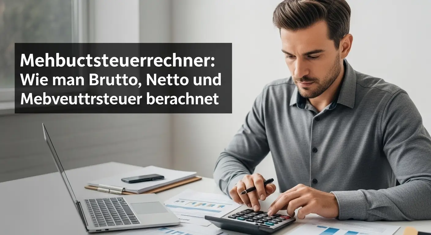 Mann, der mit einem Mehrwertsteuerrechner die Mehrwertsteuer berechnet. Das Bild zeigt einen Profi, der an einem Schreibtisch mit Geschäftsdokumenten arbeitet.