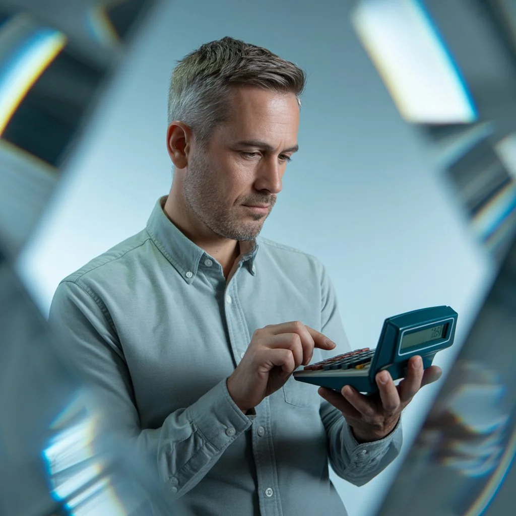 Mann berechnet mit Taschenrechner einen Prozentwert – anschauliches Beispiel zum Thema Prozent berechnen.